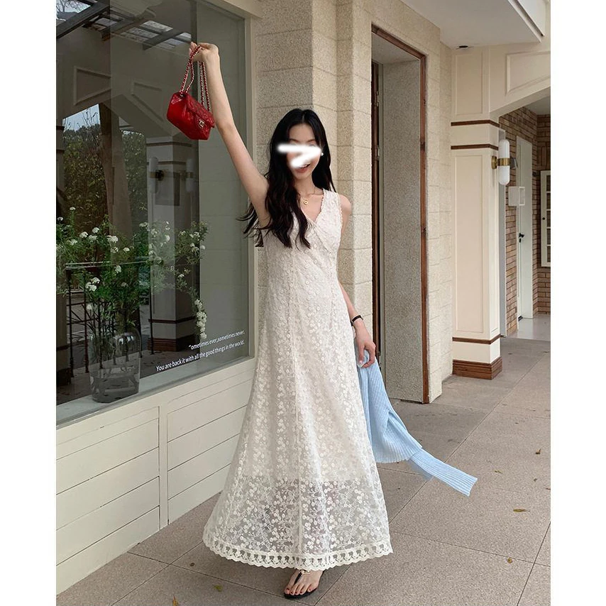 夏季新款复古法式名媛温柔气质收腰显瘦V领蕾丝背心连衣长裙子女