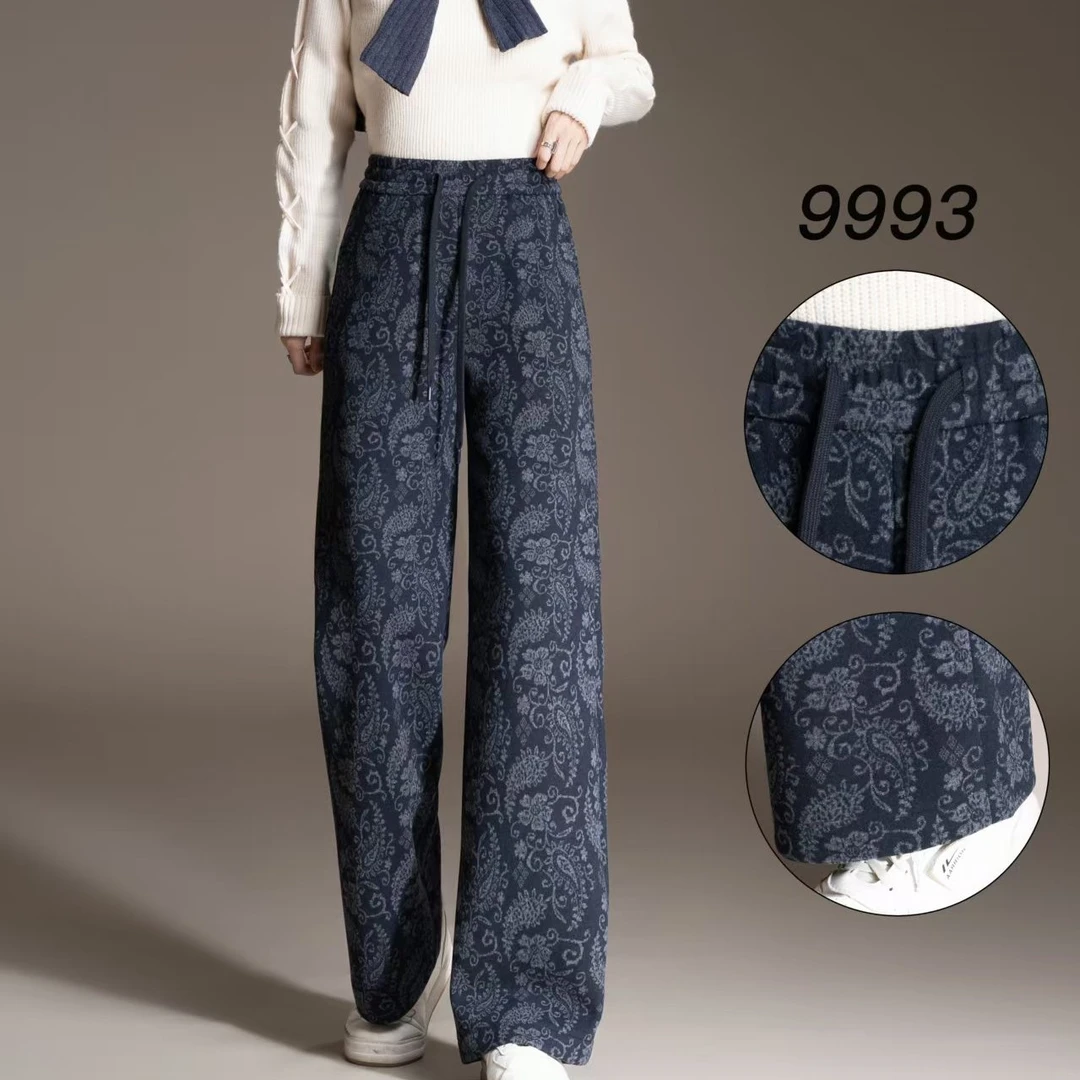 高品质时尚腰果花花色莱赛尔羊毛直筒裤9993