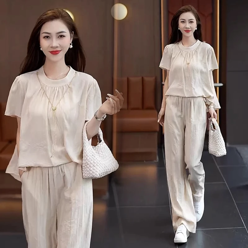 拉夏贝尔时尚套装女2025夏新款时髦洋气宽松显瘦上衣阔腿裤两件套