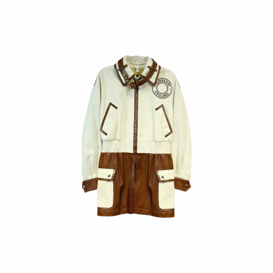 99新 BURBERRY/博柏利 012942 字母印花皮面拼接夹克外套 38码