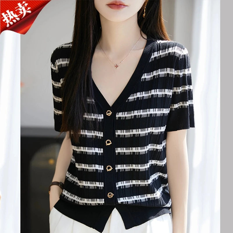 时尚女装品牌夏季短袖条纹小香风V领针织开衫时尚黑白撞色上衣