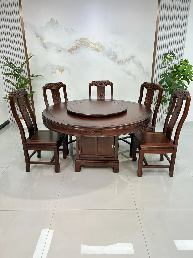 南美紫檀实木圆形仿古餐桌椅组合带转盘家用客厅饭桌中式餐厅圆桌