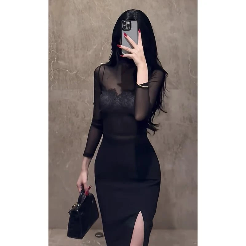 纯欲御姐风内搭蕾丝短款吊带网纱透视长袖上衣侧开叉包臀裙套装女