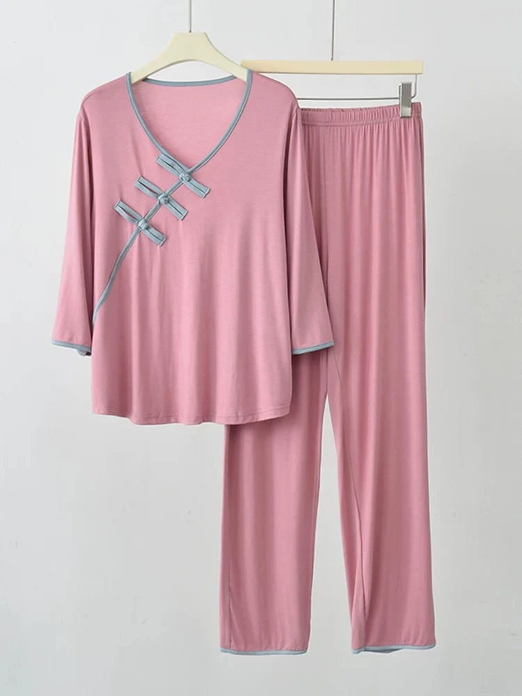 T0107睡衣套装国风家居服套装上衣夏季145矮个子秋冬睡衣V领大码