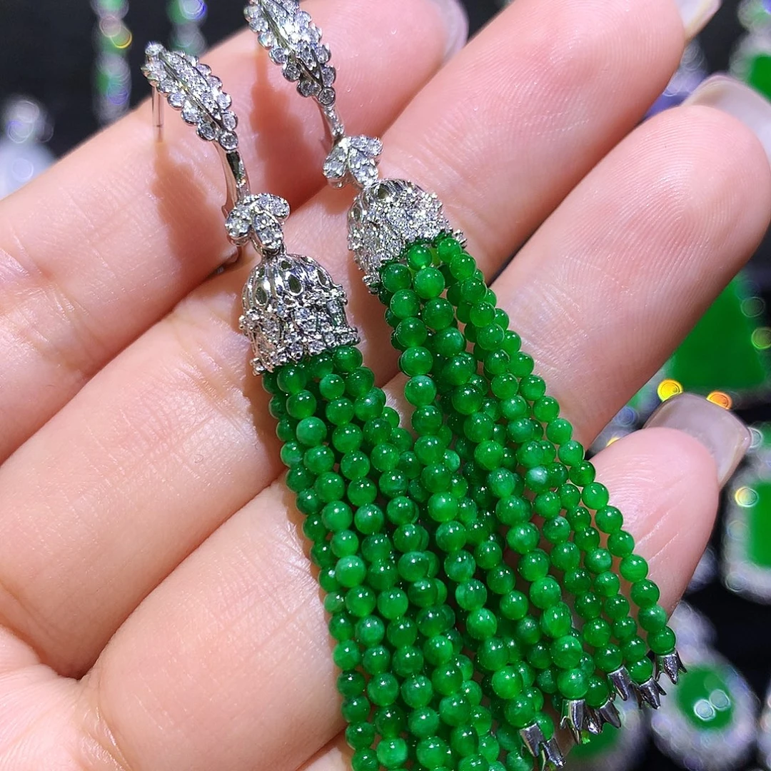 翡翠18K金镶嵌耳饰高冰满绿