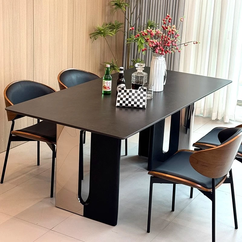 意式极简实木岩板餐桌新款家用简约轻奢高级感小户型不锈钢餐桌椅
