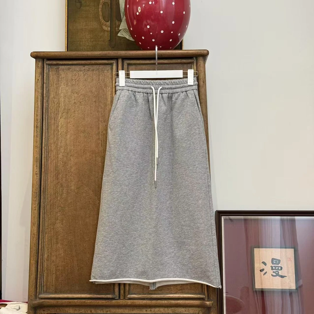 MYL 2025年夏新款纯棉灰色半身裙松紧腰抽绳卷边半身裙