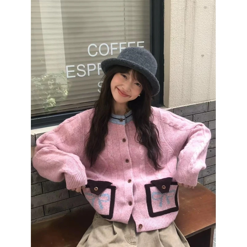 蝴蝶结麻花毛衣撞色开衫女秋冬2025新款复古软糯慵懒风针织外套潮