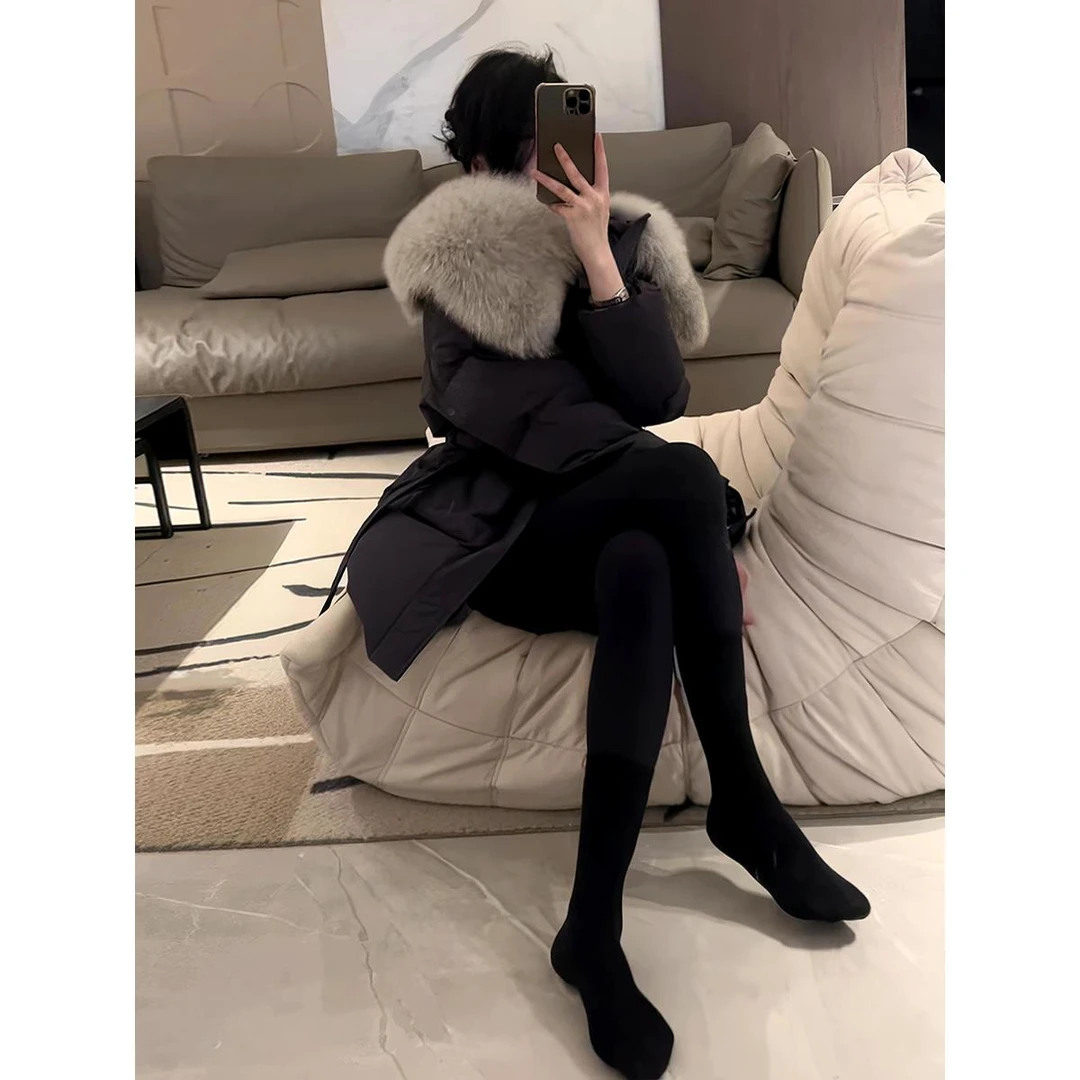 大毛领羽绒棉女冬2025新款小个子收腰中长款保暖显瘦面包服外套