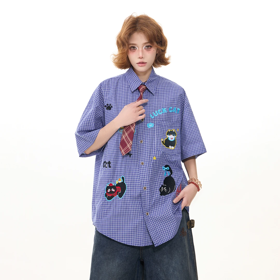 出前一町夏季款慵懒风趣味图案格子衬衫男女同款宽松百搭短袖