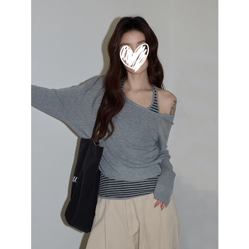 韩系假两件灰色斜肩露肩挂脖吊带长袖T恤女2025秋季修身显瘦上衣