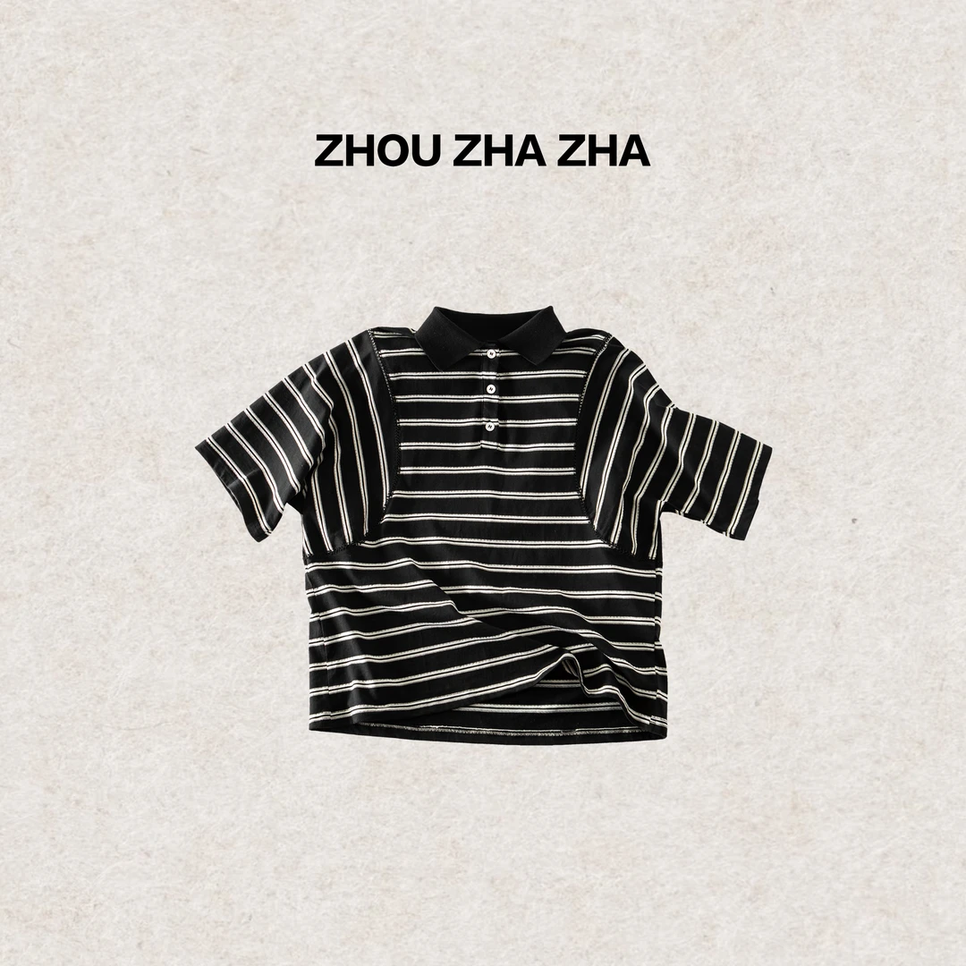 【周炸炸】夏日韩版黑白条纹圆领简约设计休闲短袖T恤#256009