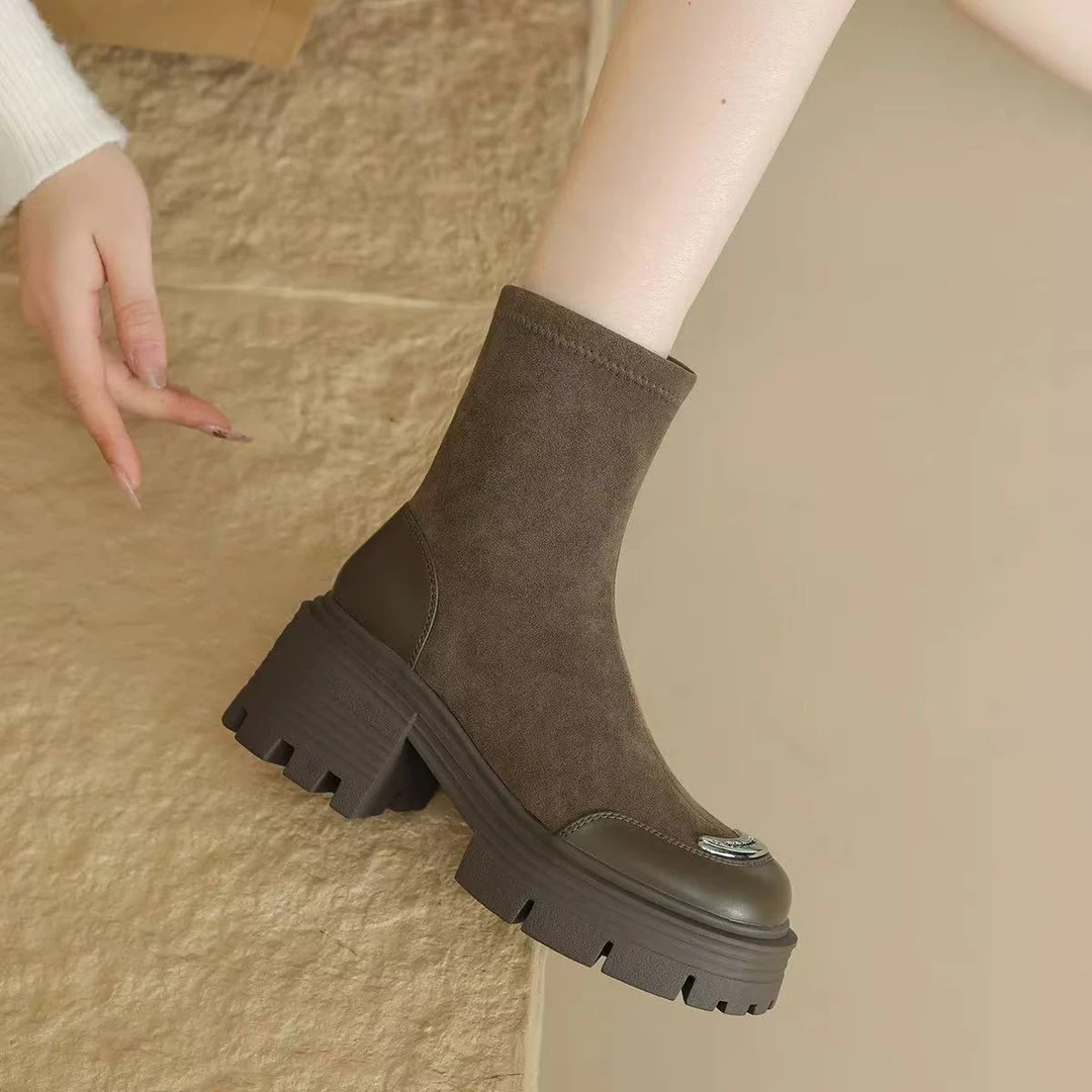 厚底靴马丁靴2024秋冬新款小个子增高拼接短筒靴弹力瘦瘦靴2190E