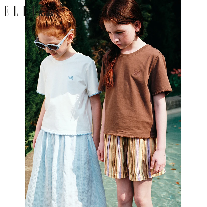 W101 ELLE KIDS贝壳绣宽松圆领T恤夏季新款法式度假风休闲上衣A2