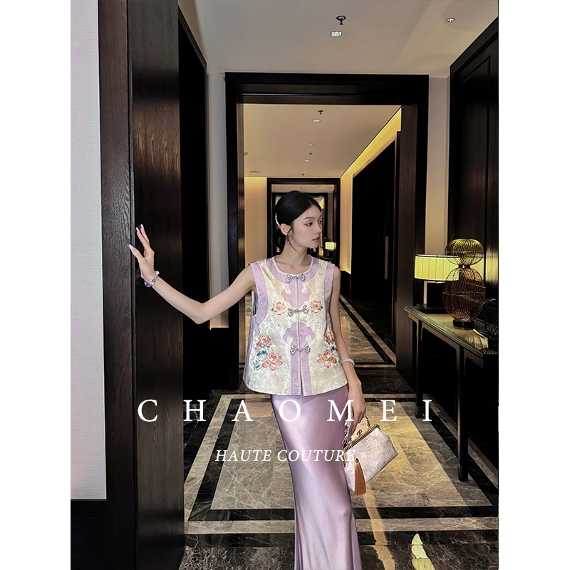 冯（CHAOMEI【无尽夏】国风新中式女装人丝人棉门襟盘扣花边装饰马甲