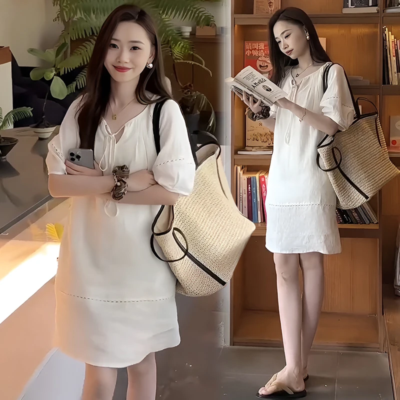 法式泡泡袖V领连衣裙夏女2025新款宽早秋穿搭娃娃领黑色泡泡袖