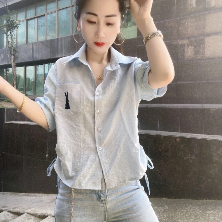 法式短袖衬衫女士t恤上衣2025夏季新款洋气休闲气质短款宽松衬衣