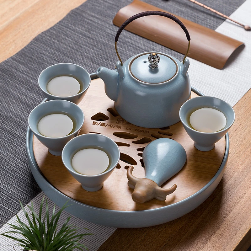 冰裂茶盘家用整套茶具竹面提梁茶壶茶杯办公客厅