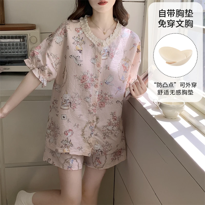 芯语婷粉色兔子夏季新款云朵泡泡纱睡衣带胸垫女士短袖甜美家居服