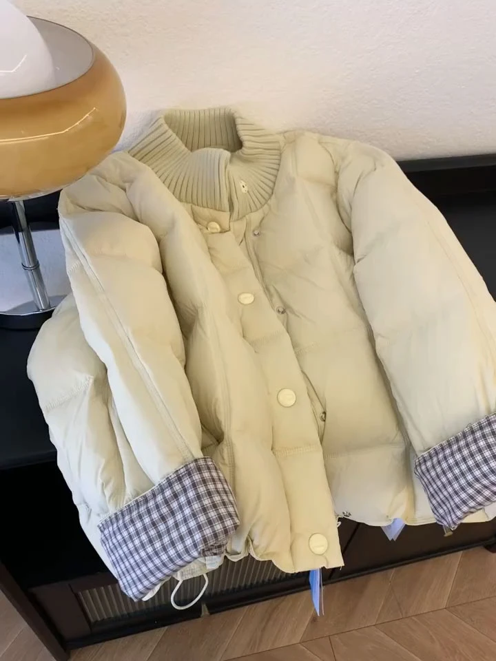 黄色加厚保暖短款轻薄棉服女秋冬季设计感小众针织拼接面包服外套