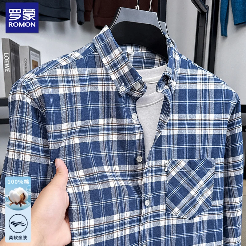 罗蒙春秋薄款休闲男士纯棉t恤长袖衬衣挺阔有型百搭打底格子衬衫