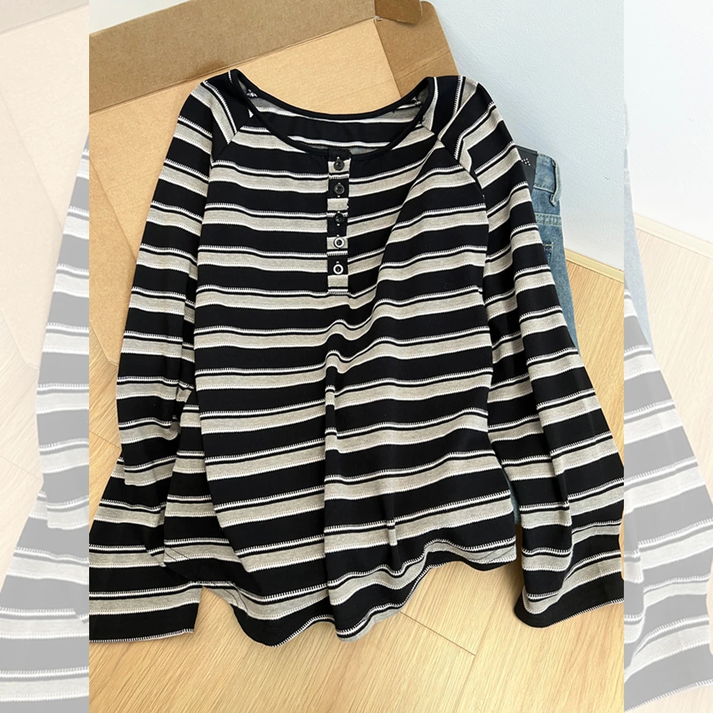 慵懒松弛感条纹T恤秋冬新款胖MM大码女装设计感宽松时尚长袖上衣