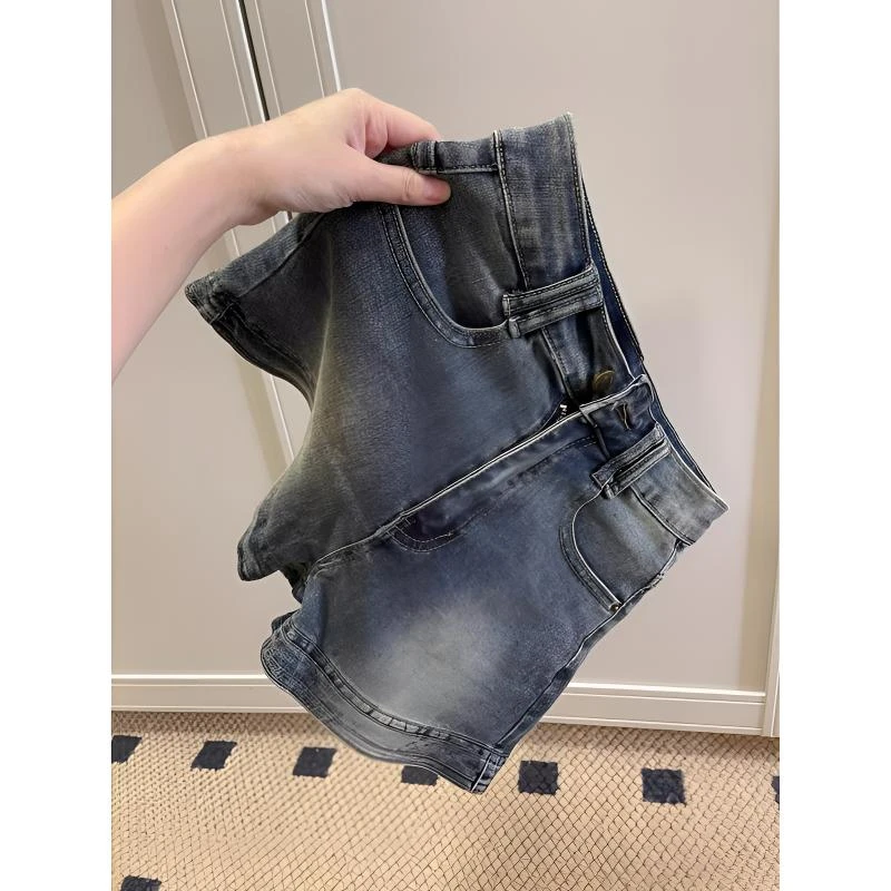 复古蓝弹力牛仔短裤女夏季做旧宽松百搭显瘦设计感a字包臀热裤子