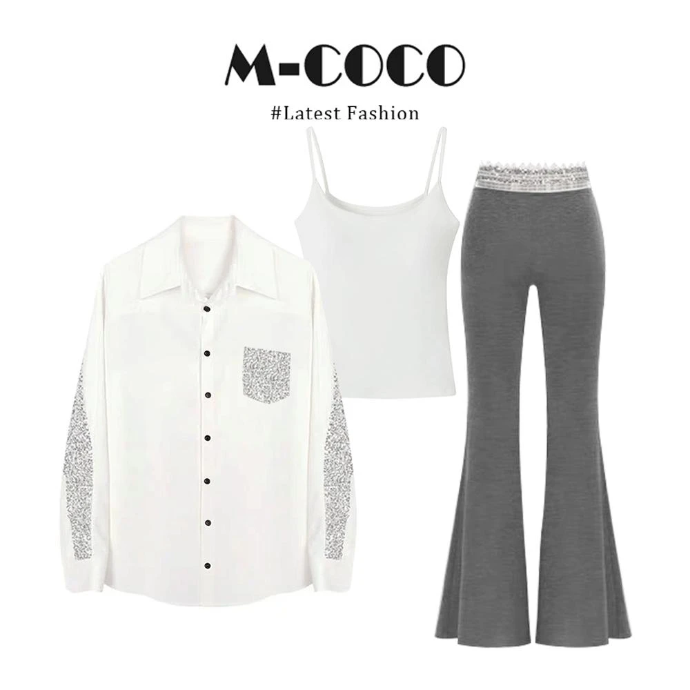 MARIE.COCO性感辣妹穿搭清冷松弛感白色衬衫喇叭裤轻熟时尚套装女