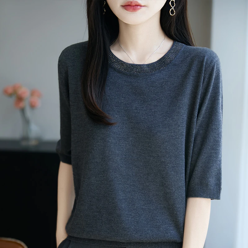 圆领毛针织衫打底衫薄款羊毛一字领纯色针织衫百搭NSY054宽松