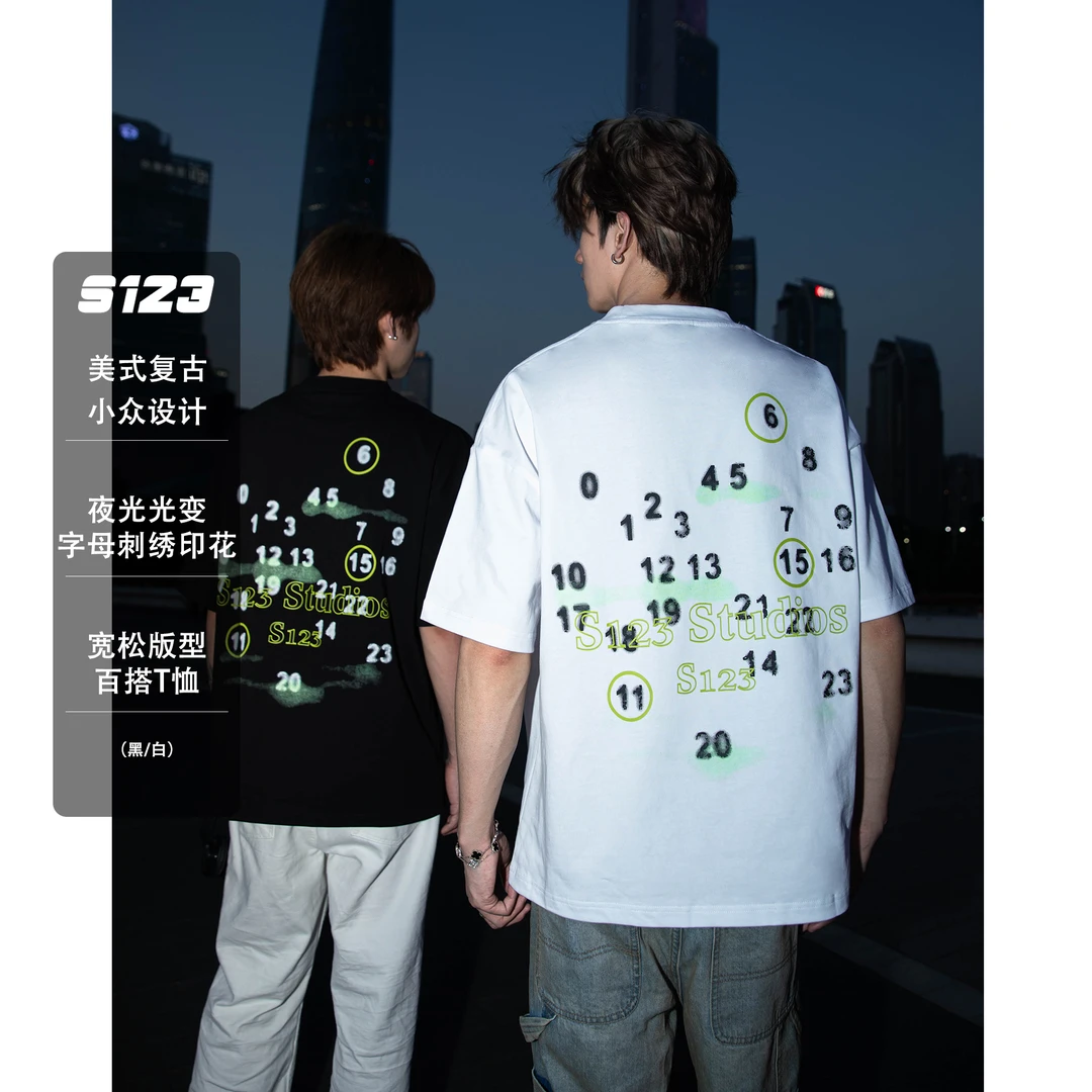 S123【马拉夜光】夏季25SS新品 数字刺绣纯棉圆领短袖T恤男半袖衫