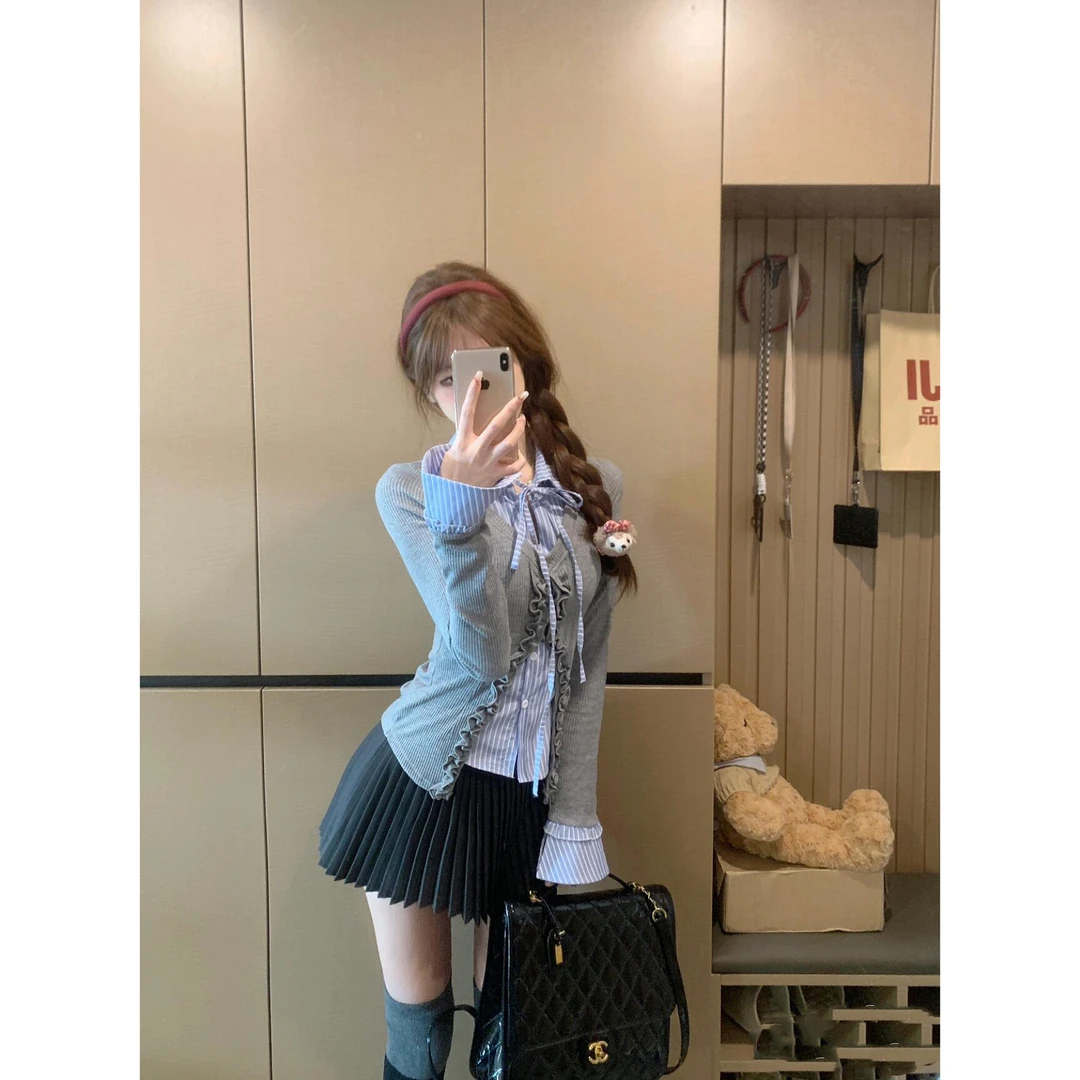 Chicen♥英伦笔记 假两件春季气质长袖设计感毛针织衫a053