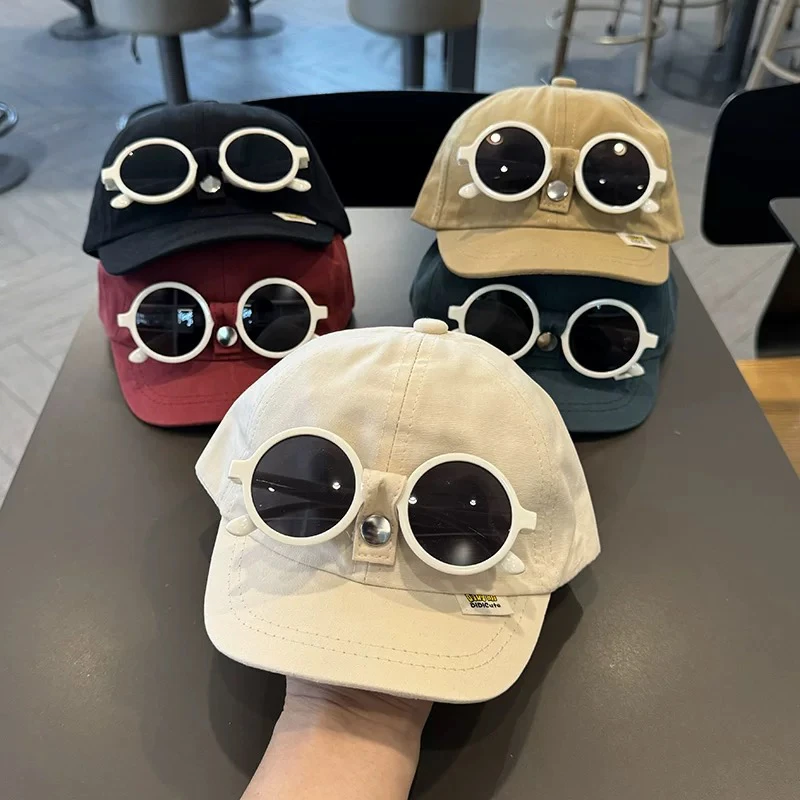 网红韩版个性眼镜鸭舌帽儿童遮阳帽春夏百搭棒球帽男孩飞行员帽子