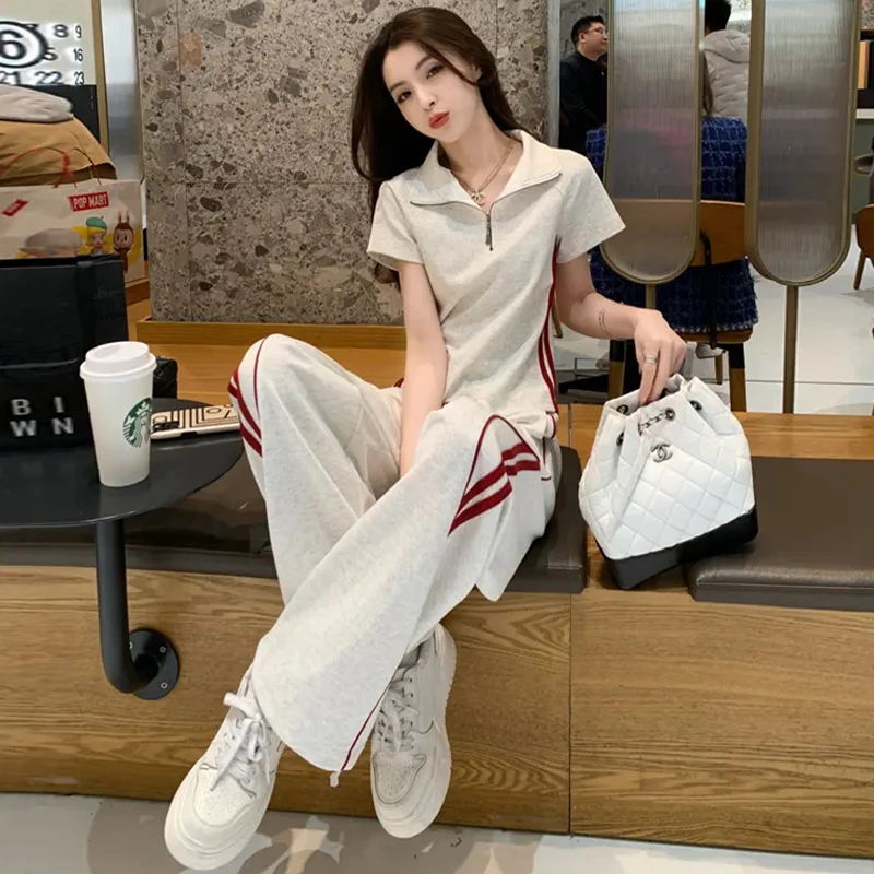 高含棉运动服套装女2025年夏季新款撞色宽松显瘦上衣阔腿裤两件套