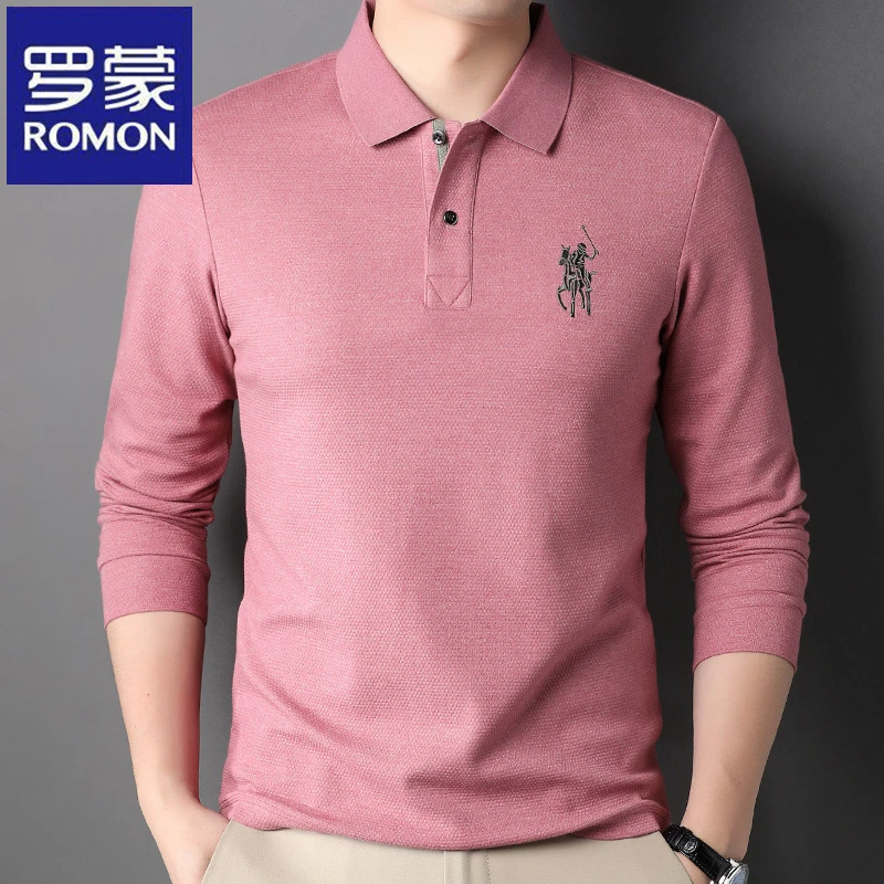 罗蒙春秋季新款翻领男士休闲长袖T恤百搭POLO衫宽松纯色上衣潮流