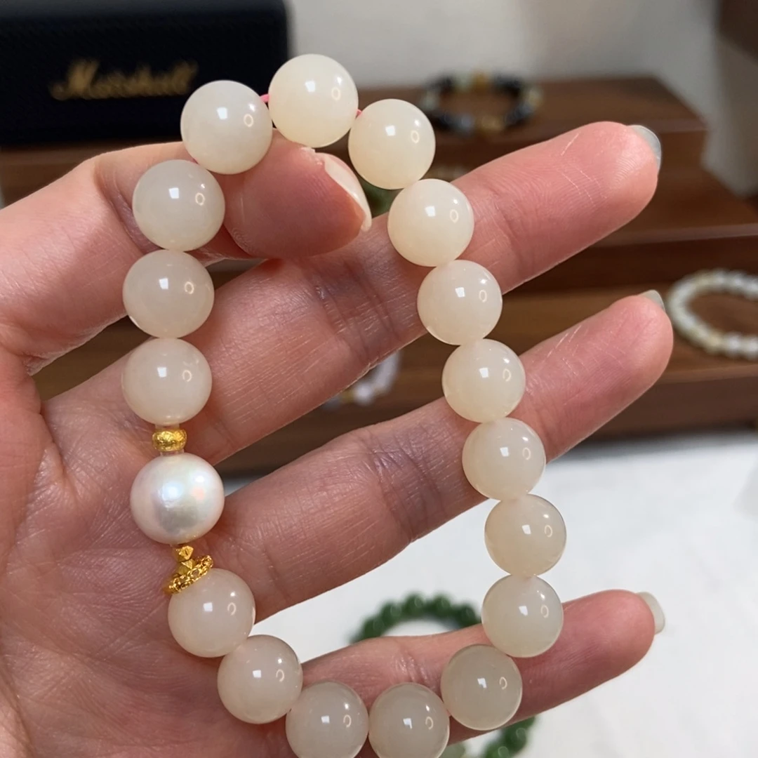 和田玉18K金镶嵌手链10mm熟藕粉精品