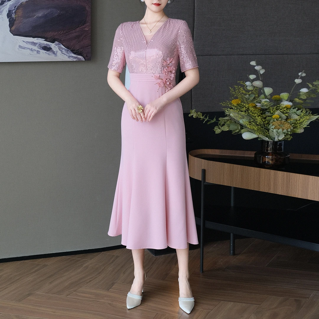 夏季新款高端立体钉珠刺绣花朵婚宴妈妈装礼服优雅日常可穿鱼尾裙