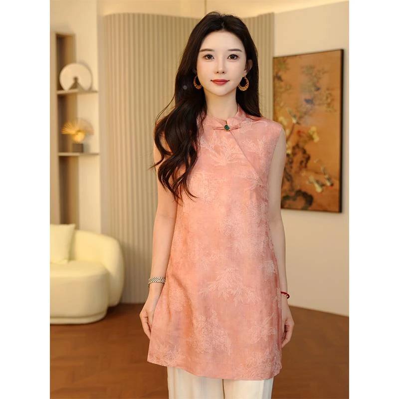 2025年春夏款新款时尚百搭粉色气质刻花新中式国风气质马甲上衣女