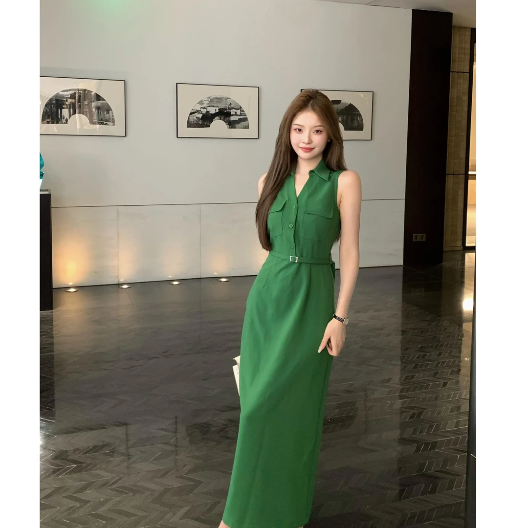 SZA【曼谷季风】夏季新款韩系气质简单翻领无袖收腰连衣裙A-2041