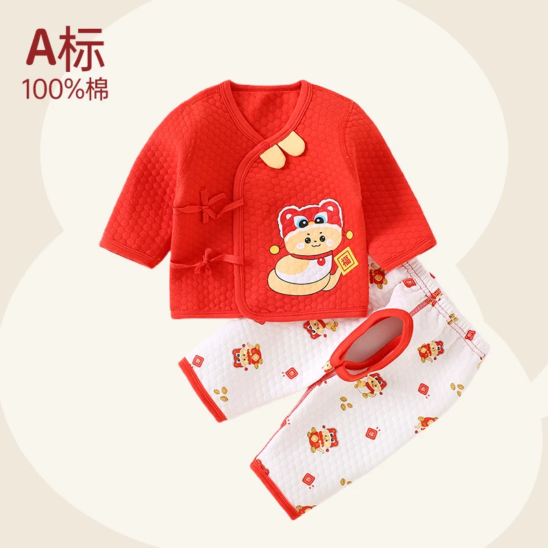 新生儿衣服秋冬保暖款初生宝宝夹棉贴身睡衣婴儿和尚纯棉分体套装