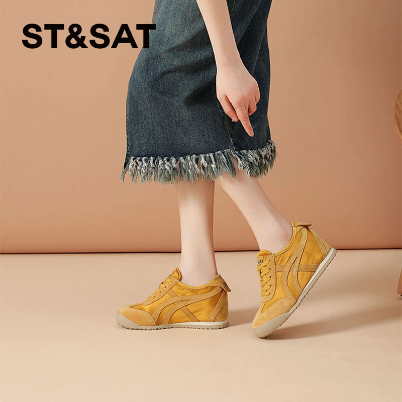 星期六真皮拼色内增高德训鞋女2025夏新款复古百搭厚底运动休闲鞋