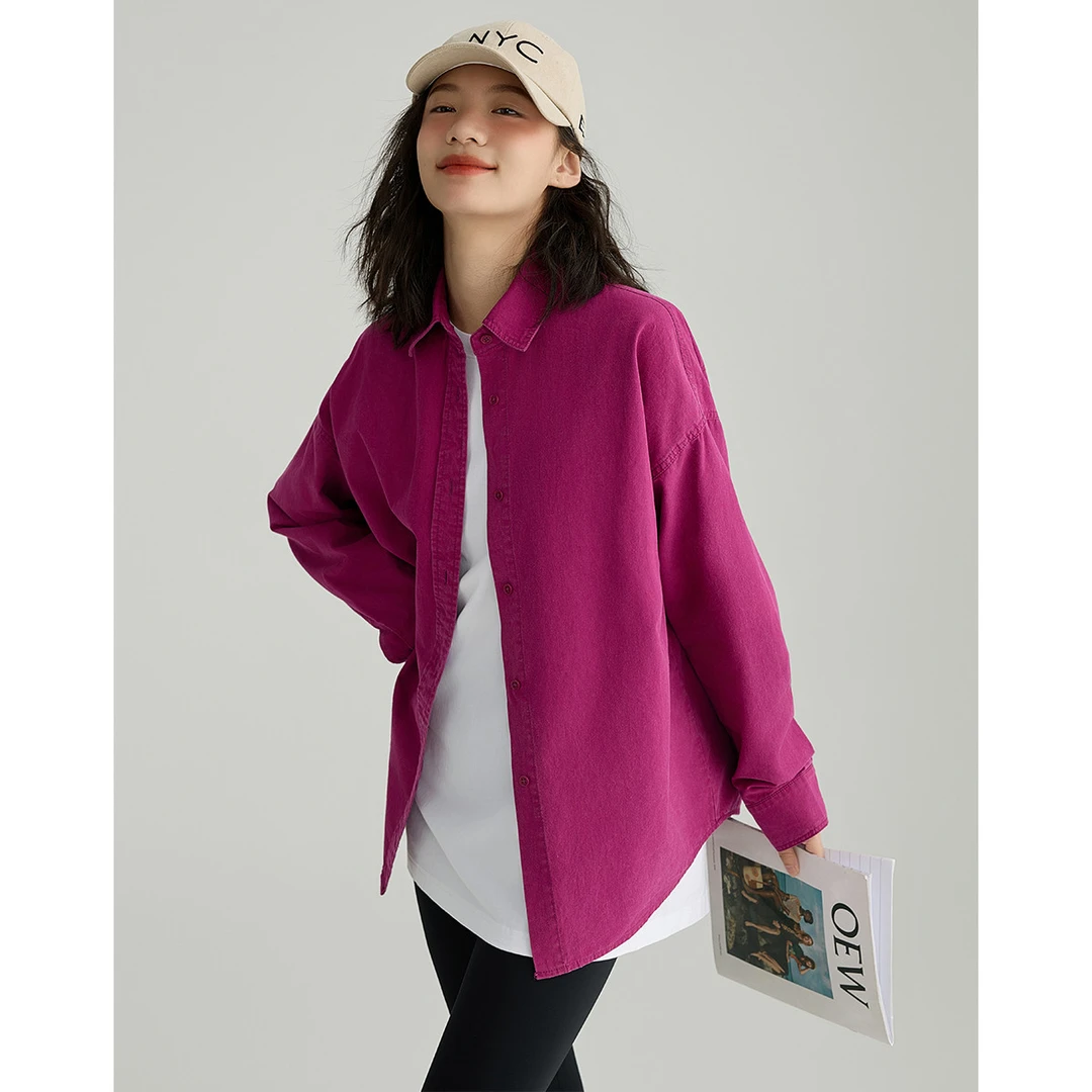 【小云总专属】德·玛纳秋季气质洋红色宽松廓形翻领长袖衬衫女