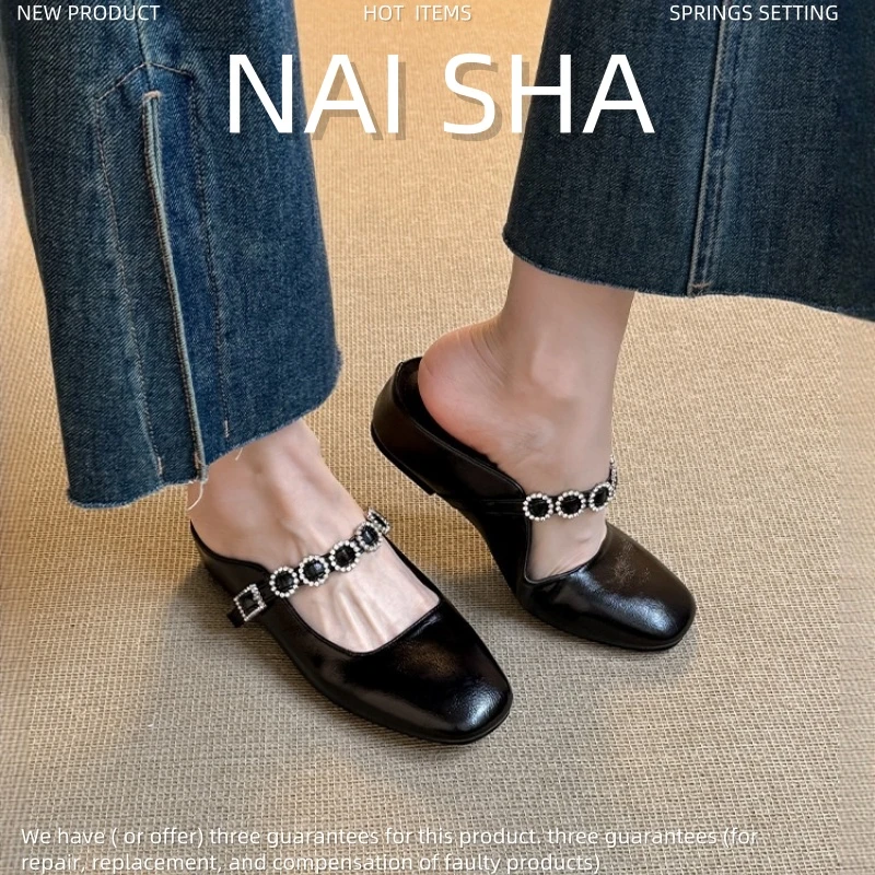 春夏明星同款4cm内增高法式方头一字带浅口百搭真皮穆勒半拖鞋女