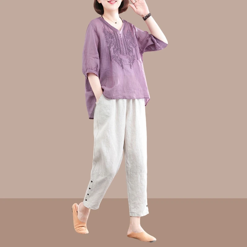 2025夏季韩版大码遮肉显瘦棉麻刺绣上衣亚麻洗水裤洋气休闲套装女