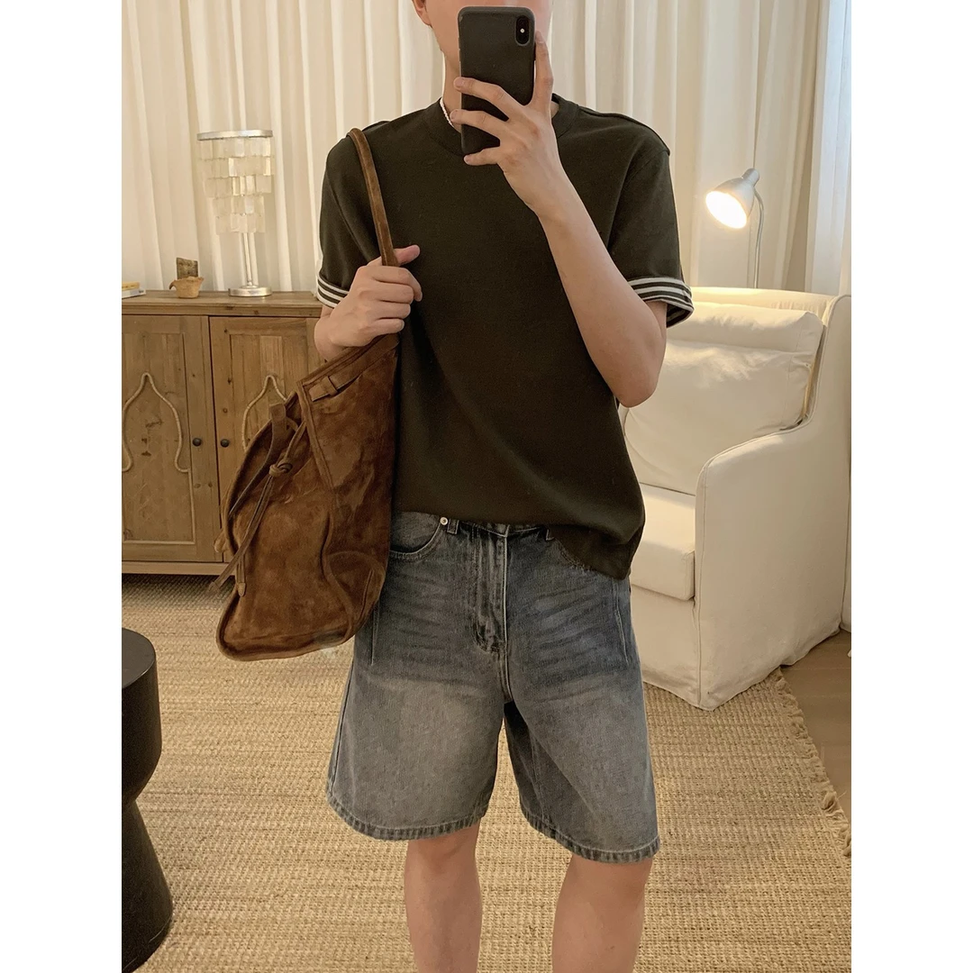 阿茶与阿古军绿色条纹翻边短袖男款夏季宽松休闲正肩t恤A2505302