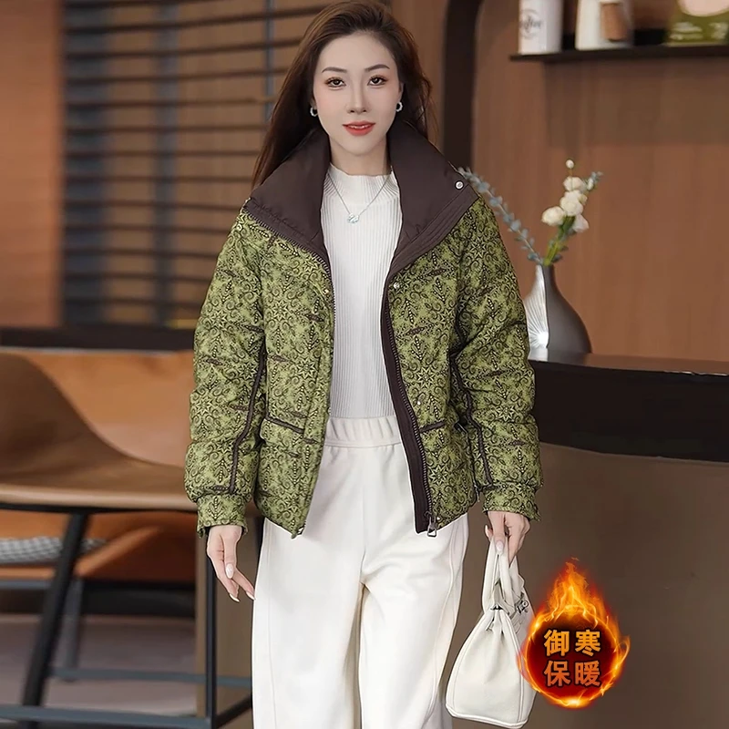 时尚复古撞色印花棉服女2025冬季新款宽松显瘦加厚保暖立领外套潮