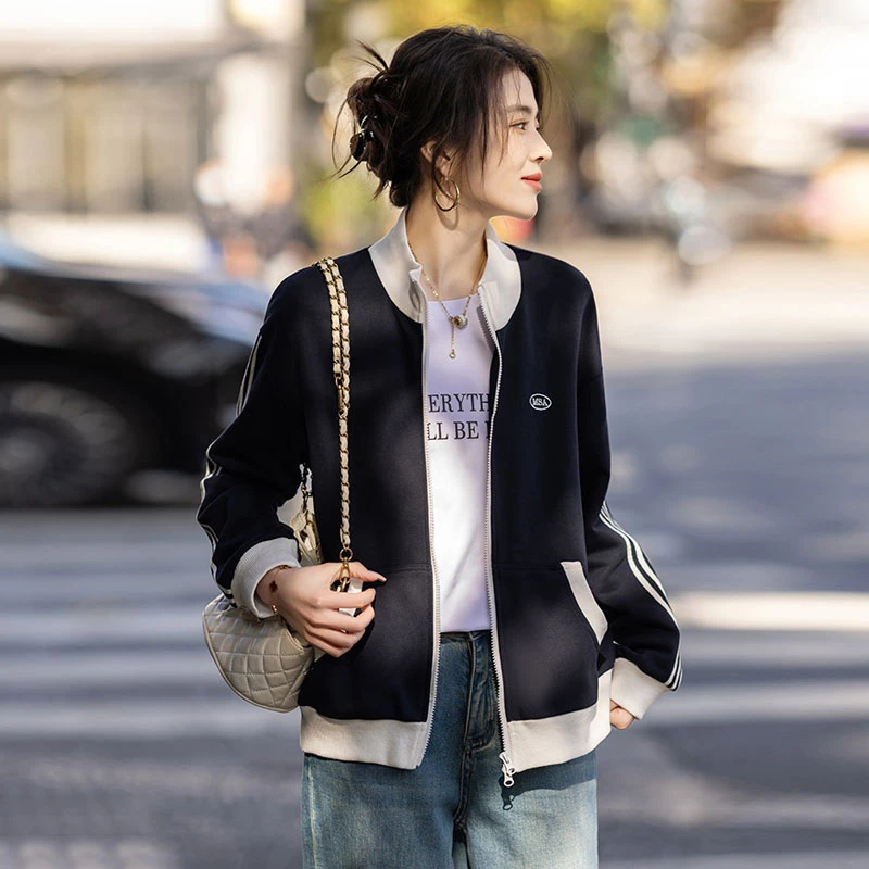 美式拼接运动棒球服短外套女2025春秋新款休闲卫衣大码夹克上衣女
