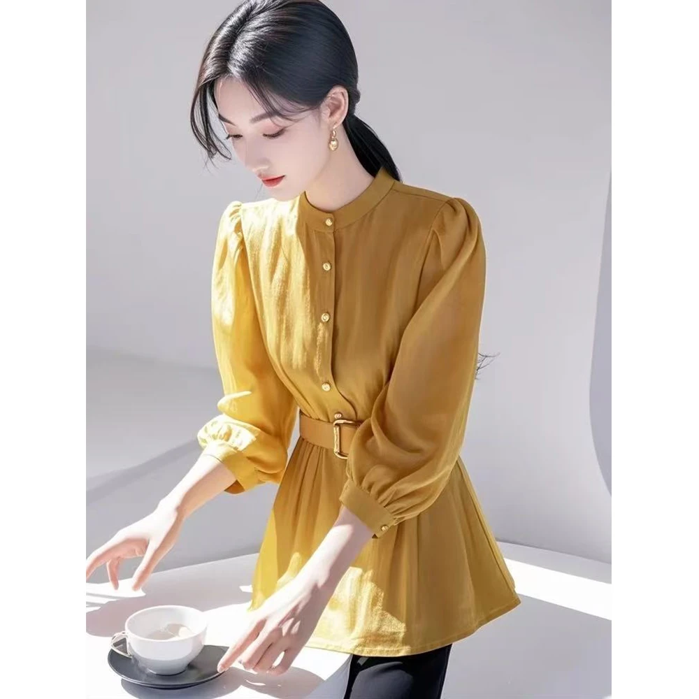 2025春装新款高级感轻奢减龄洋气超好看独特漂亮掐腰黄色亚麻衬衫