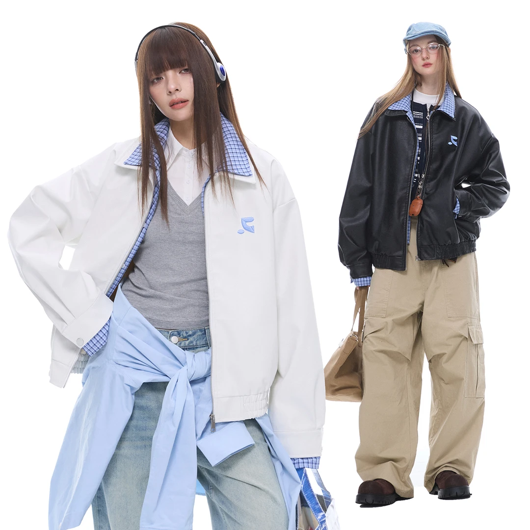 ZEXO 假两件拼接格纹翻领刺绣图标休闲宽松长袖夹克外套 ZE2530