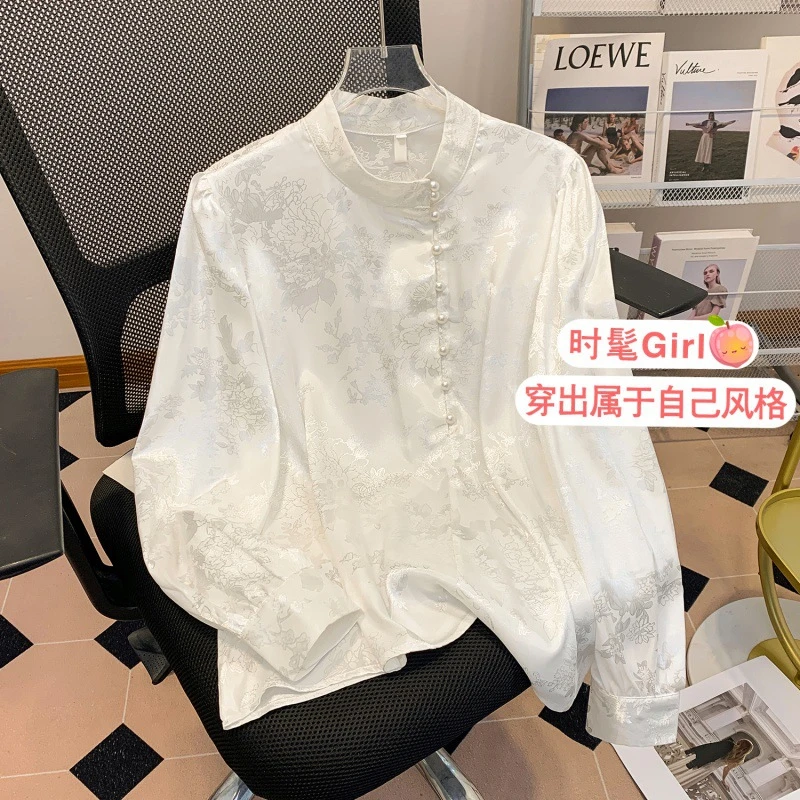 日韩现货2024新款气质复古立领印花单排扣长袖衫女春季薄款衬衫