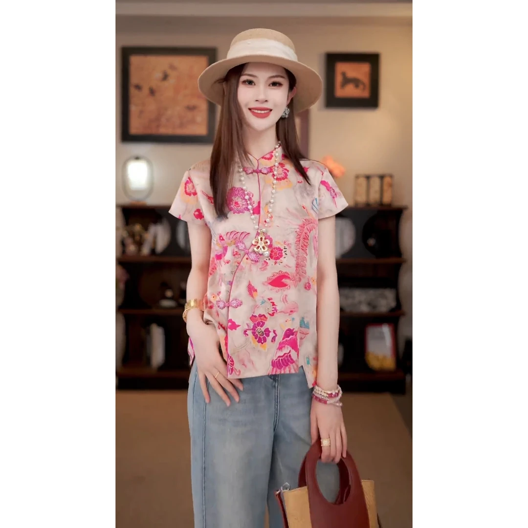 新中式百搭短袖衬衫女刺绣上衣夏季新款设计感气质宽松衬衣